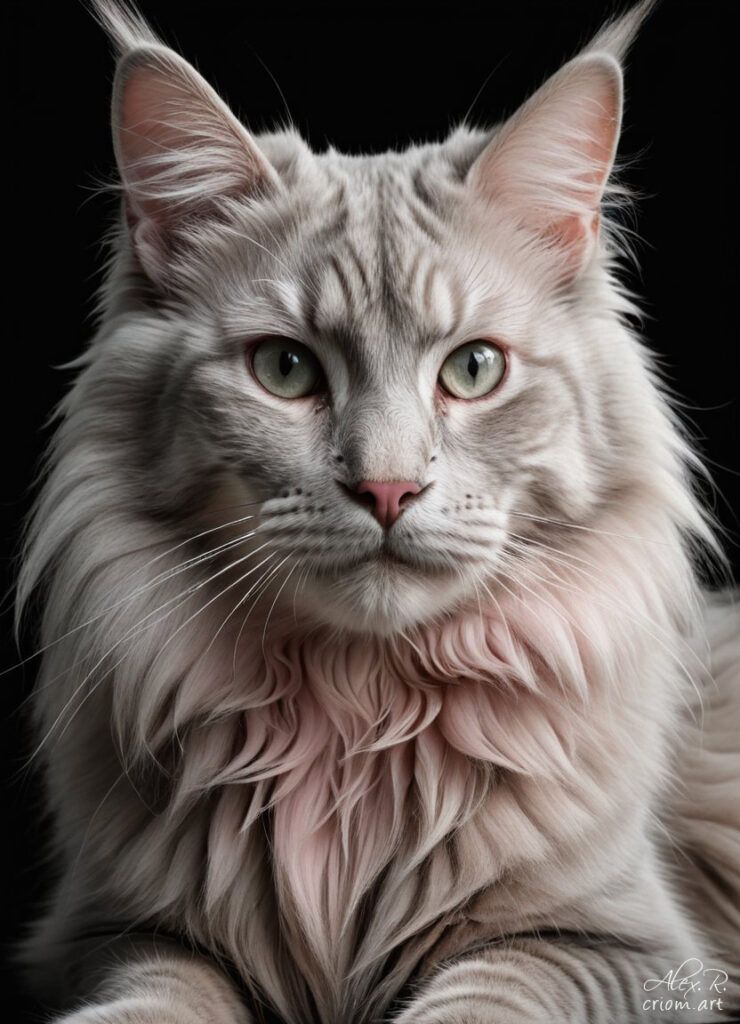 Pink Maine Coon cat professional photography art style by Alex Reznik