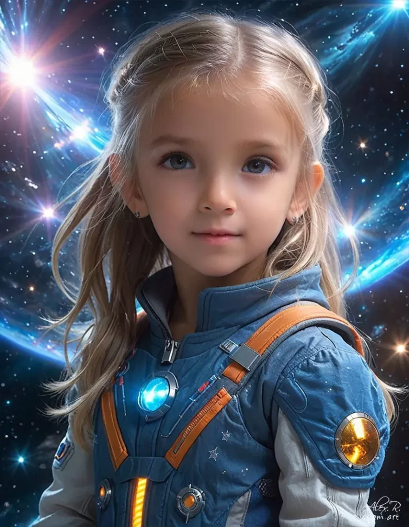 Little girl Lora Pălici in space by Alex Reznik art style