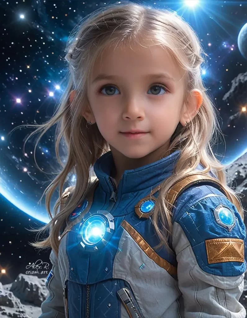 Little girl Lora Pălici in space by Alex Reznik art style