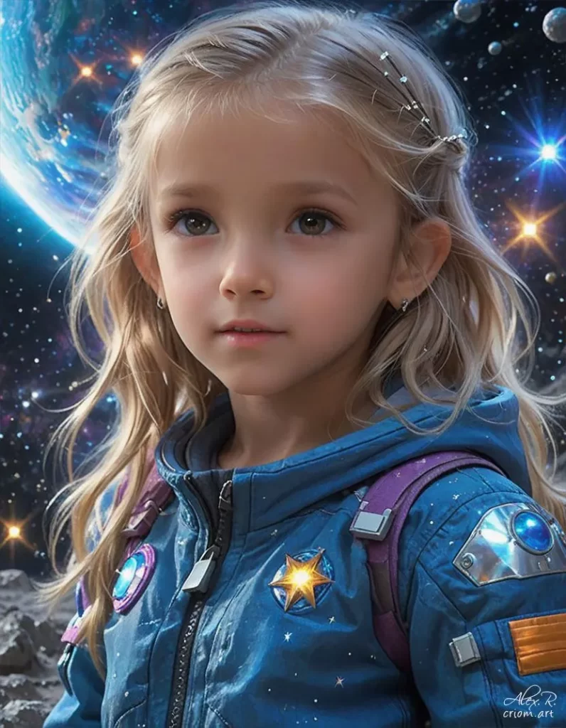 Little girl Lora Pălici in space by Alex Reznik art style