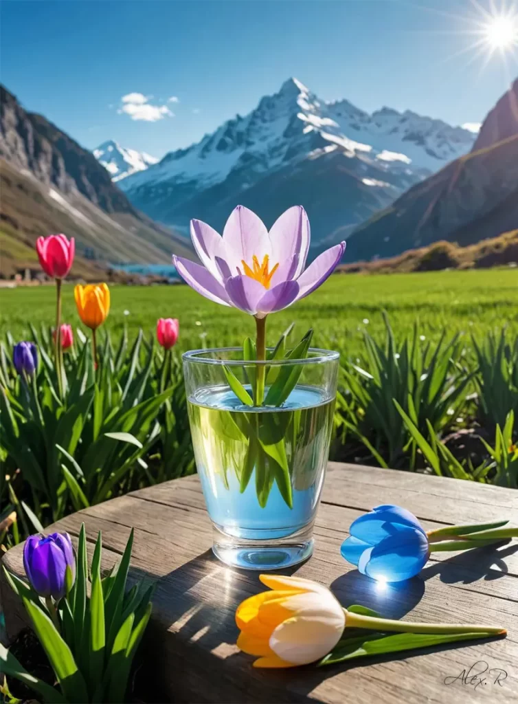 In the Alps there are beautiful crocus flowers on March 8 by Alex Reznik art style