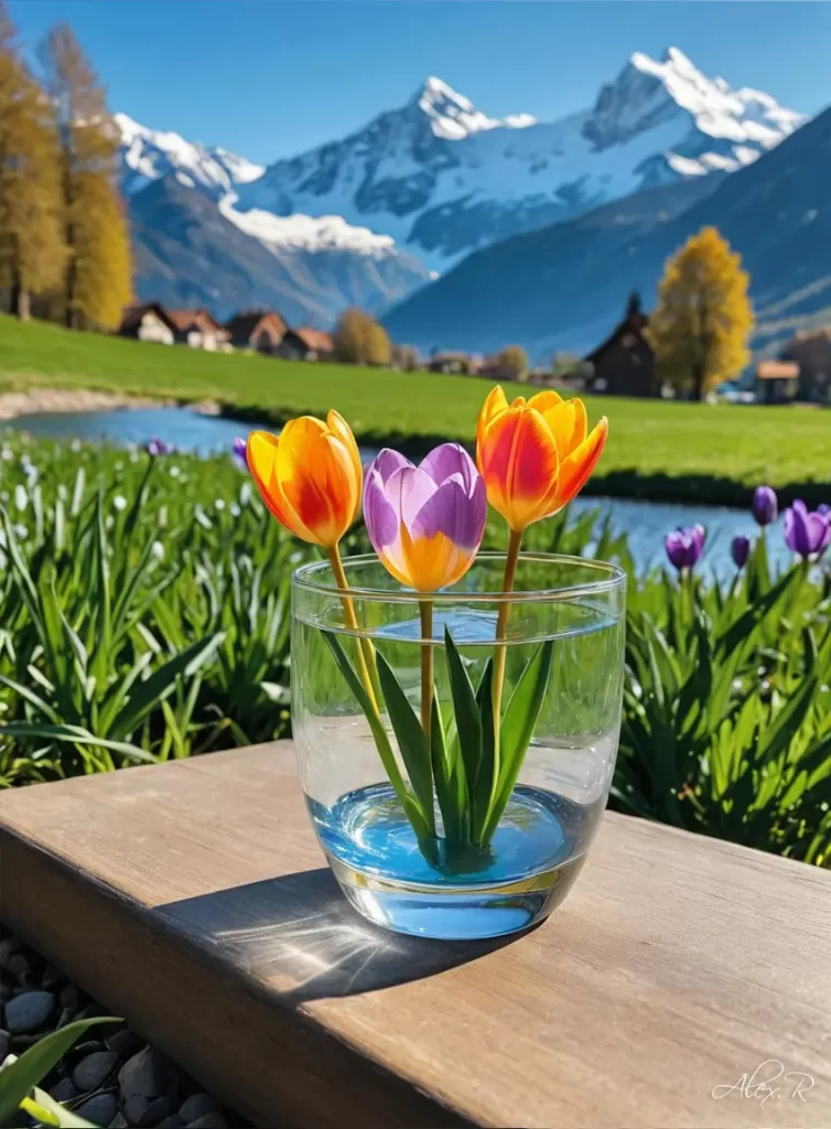 In the Alps there are beautiful crocus flowers on March 8 by Alex Reznik art style