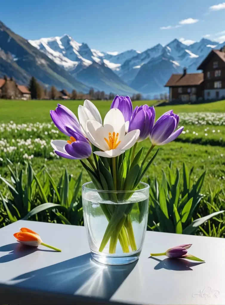 In the Alps there are beautiful crocus flowers on March 8 by Alex Reznik art style